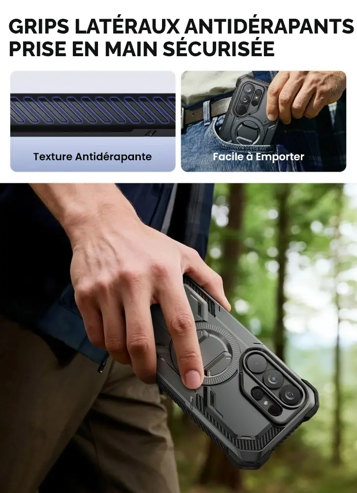 Coque ArmorBox Galaxy S26 Ultra avec grips latéraux antidérapants et clip ceinture pour une prise en main sécurisée
