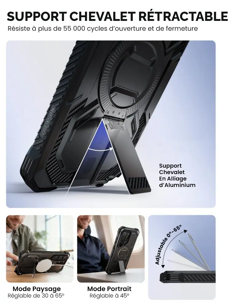 Coque Galaxy S26 Ultra avec support chevalet rétractable en aluminium ajustable mode portrait et paysage