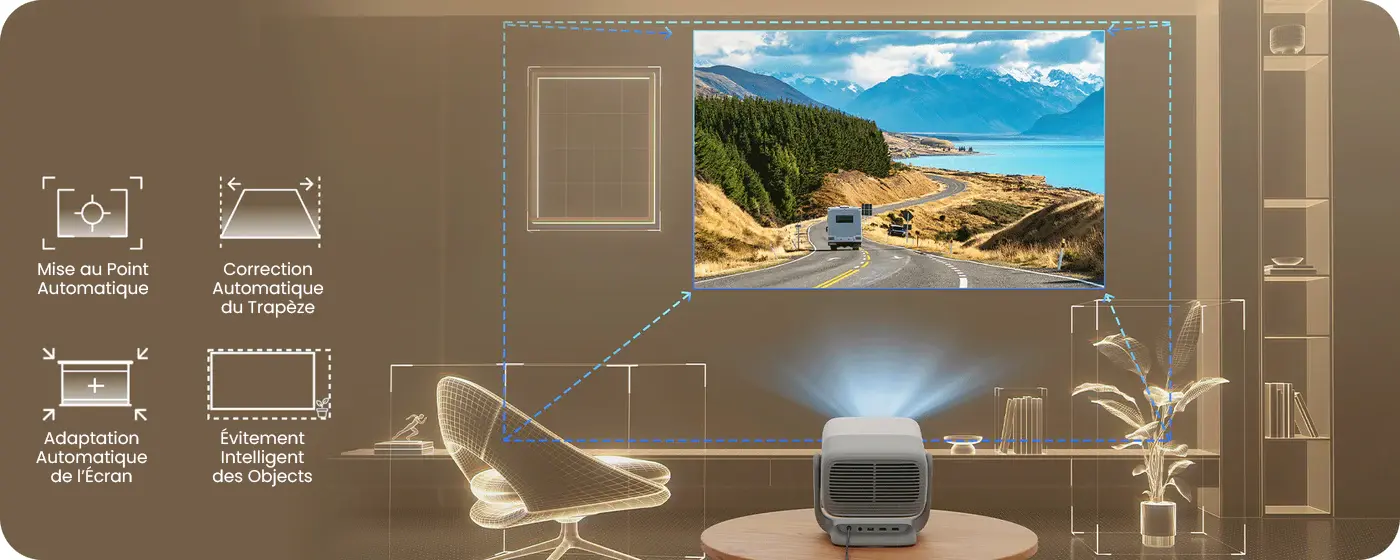 Réglage automatique IA vidéoprojecteur JMGO N3 4K autofocus correction trapèze