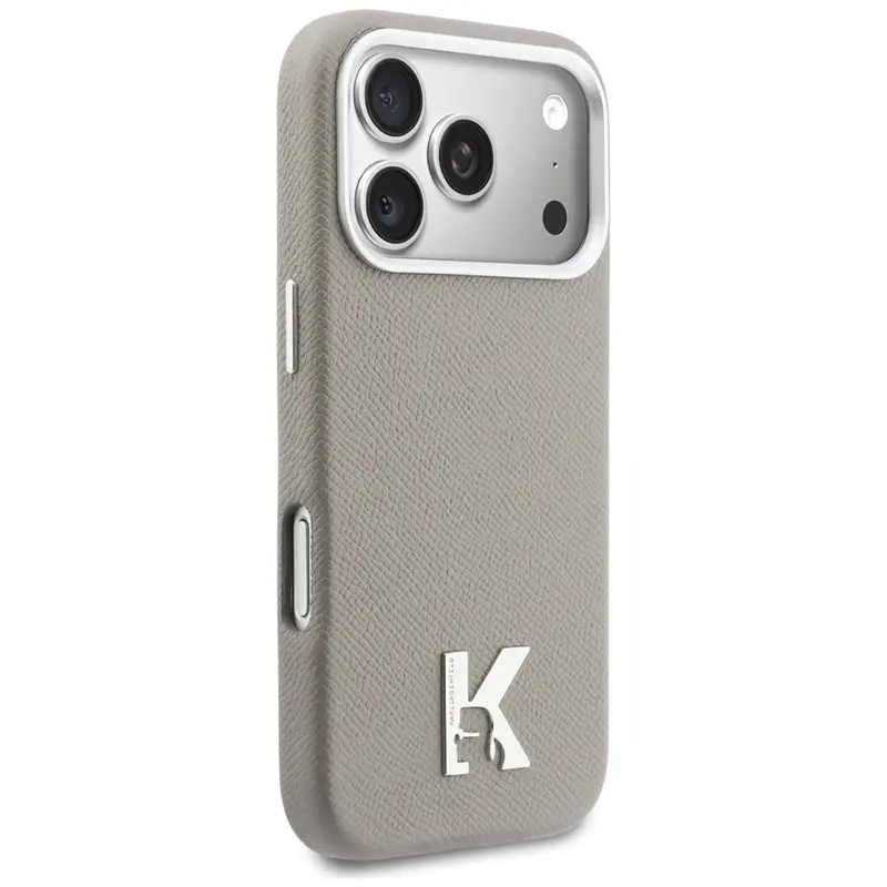 Coque MagSafe KARL LAGERFELD Karl Head avec Logo Métal pour iPhone 17 Pro Max - Modèle Gris vu de 3 quart avant