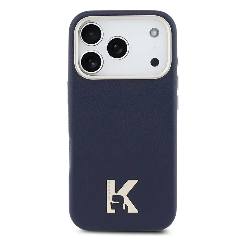 Coque MagSafe KARL LAGERFELD Karl Head avec Logo Métal pour iPhone 17 Pro Max - Modèle Bleu Marine vu de dos