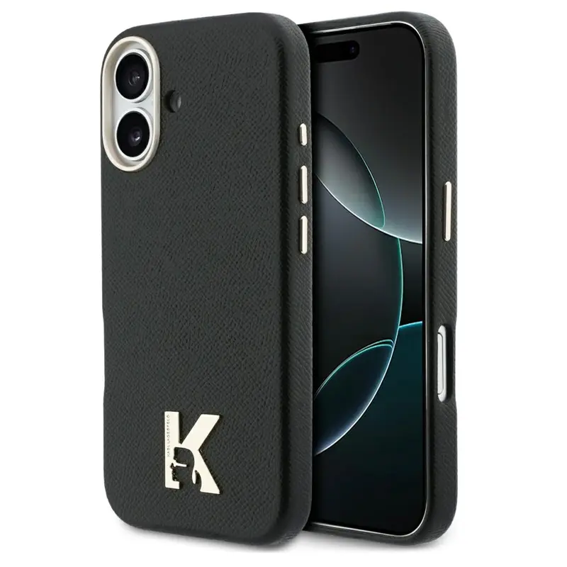 Coque MagSafe KARL LAGERFELD Karl Head avec Logo Métal pour iPhone 17 - Modèle Noir vu de 3 quart avant