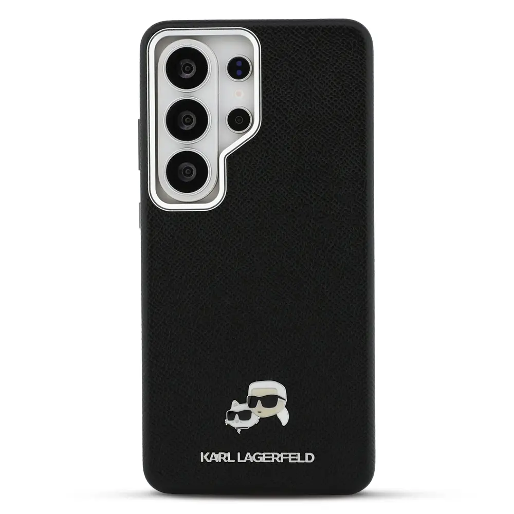 Coque MagSafe KARL LAGERFELD avec Pins Karl & Choupette sur Texture Saffiano pour Galaxy S26 Ultra - Modèle Noir vue de face 