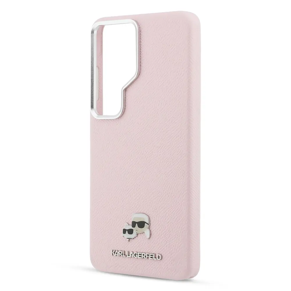 Coque MagSafe KARL LAGERFELD avec Pins Karl & Choupette sur Texture Saffiano pour Galaxy S26 Ultra - Modèle rose nu vue de profil 
