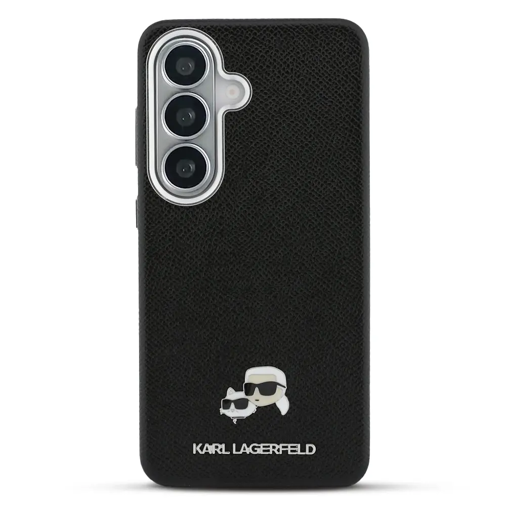 Coque MagSafe KARL LAGERFELD avec Pins Karl & Choupette sur Texture Saffiano pour Galaxy S26 Plus - Modèle Noir vue de face 
