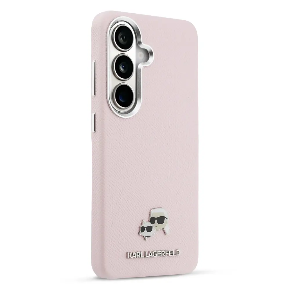 Coque MagSafe KARL LAGERFELD avec Pins Karl & Choupette sur Texture Saffiano pour Galaxy S26 Plus - Coloris rose vue de 3 quart avant 