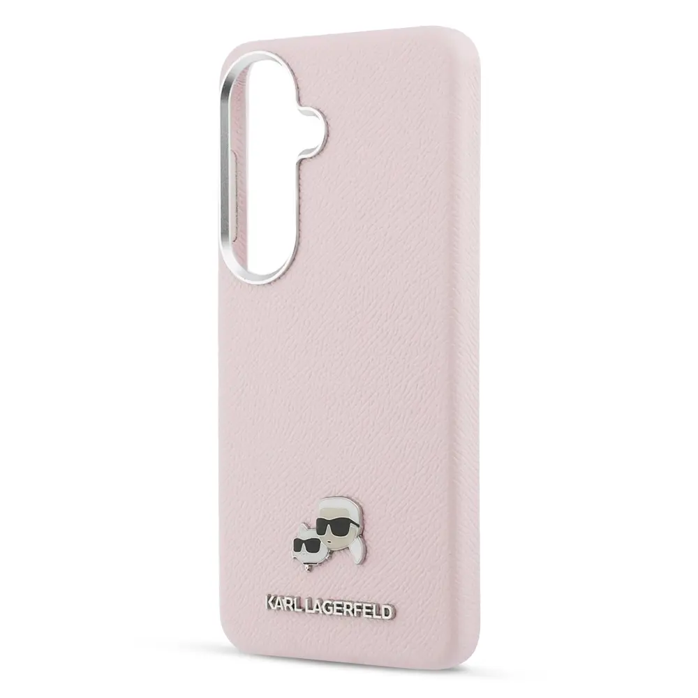 Coque MagSafe KARL LAGERFELD avec Pins Karl & Choupette sur Texture Saffiano pour Galaxy S26 Plus - Modèle rose nu vue de profil 