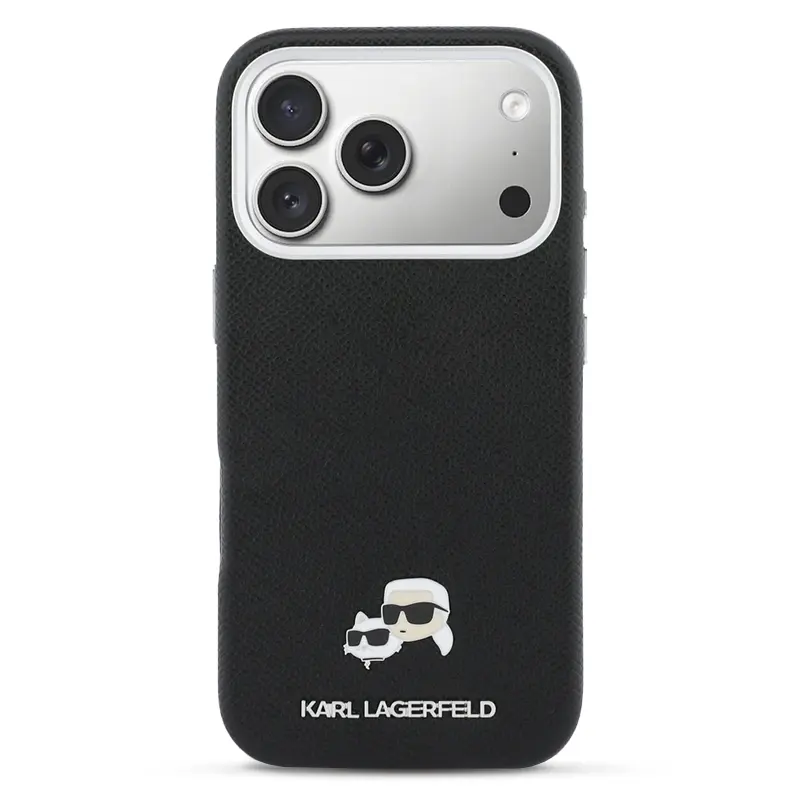 Coque MagSafe KARL LAGERFELD avec Pins Karl & Choupette pour iPhone 17 Pro Max - Modèle Noir de face