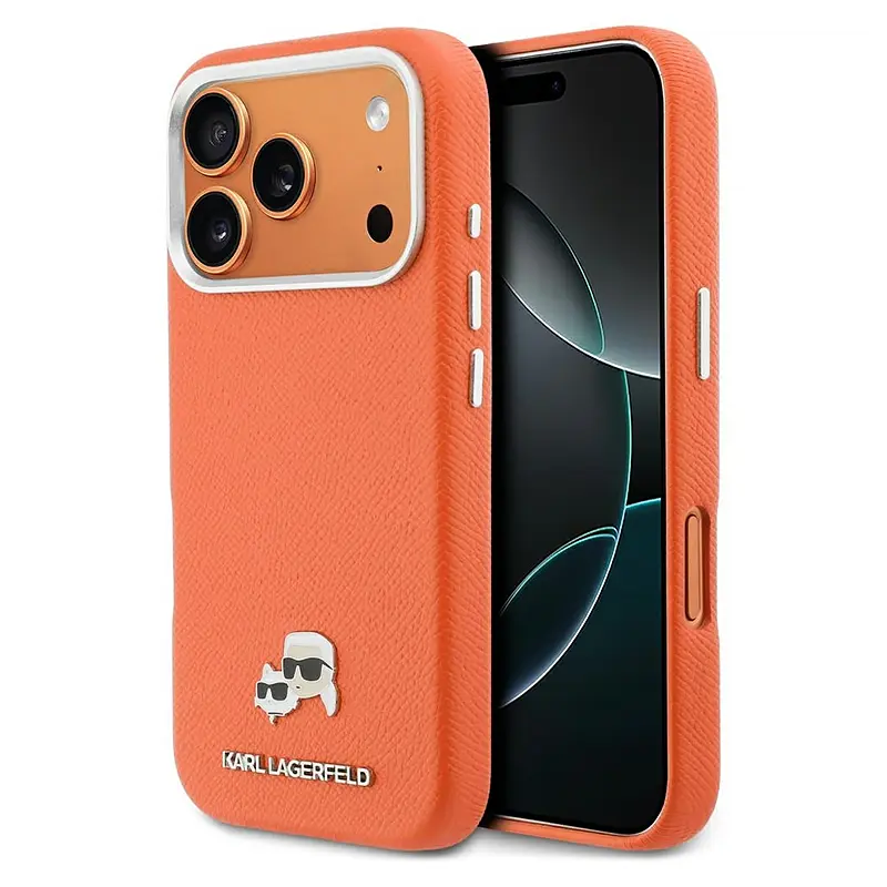 Coque MagSafe KARL LAGERFELD avec Pins Karl & Choupette pour iPhone 17 Pro Max - Modèle Orange