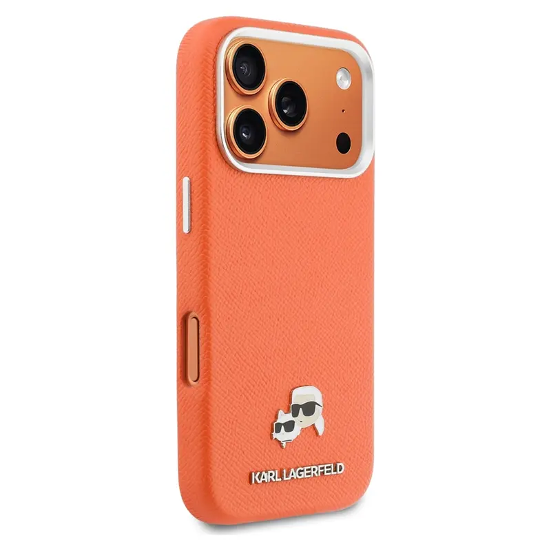Coque MagSafe KARL LAGERFELD avec Pins Karl & Choupette pour iPhone 17 Pro Max - Modèle Orange