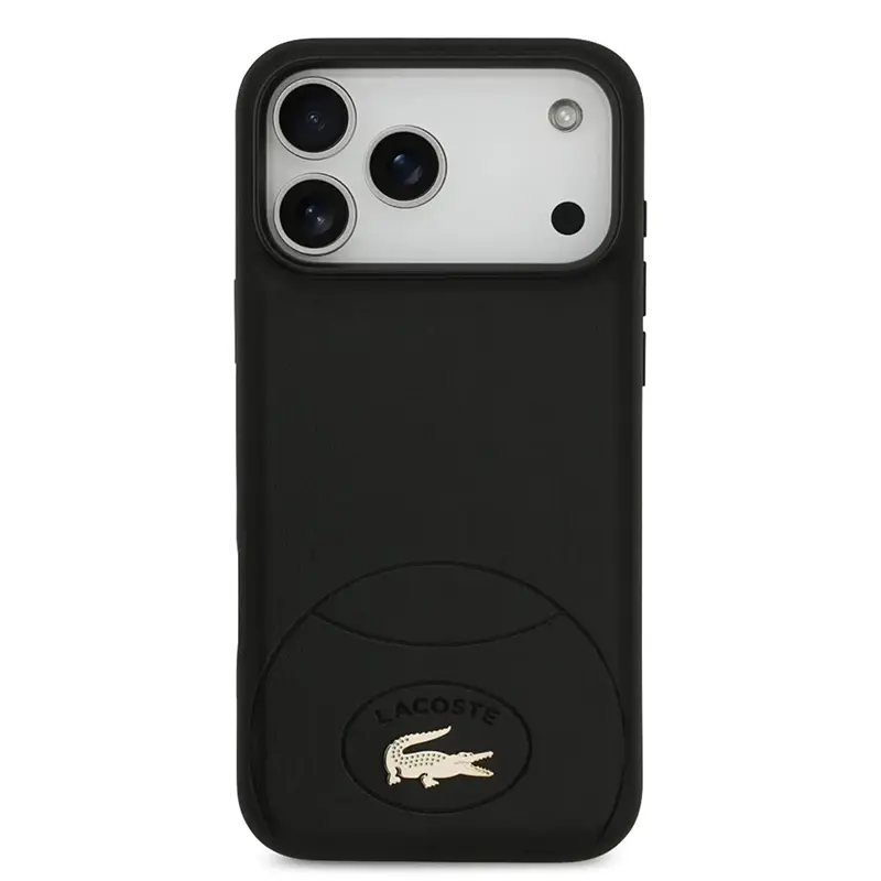 Coque arrière Lacoste noire MagSafe pour iPhone 17 Pro Max, logo crocodile doré
