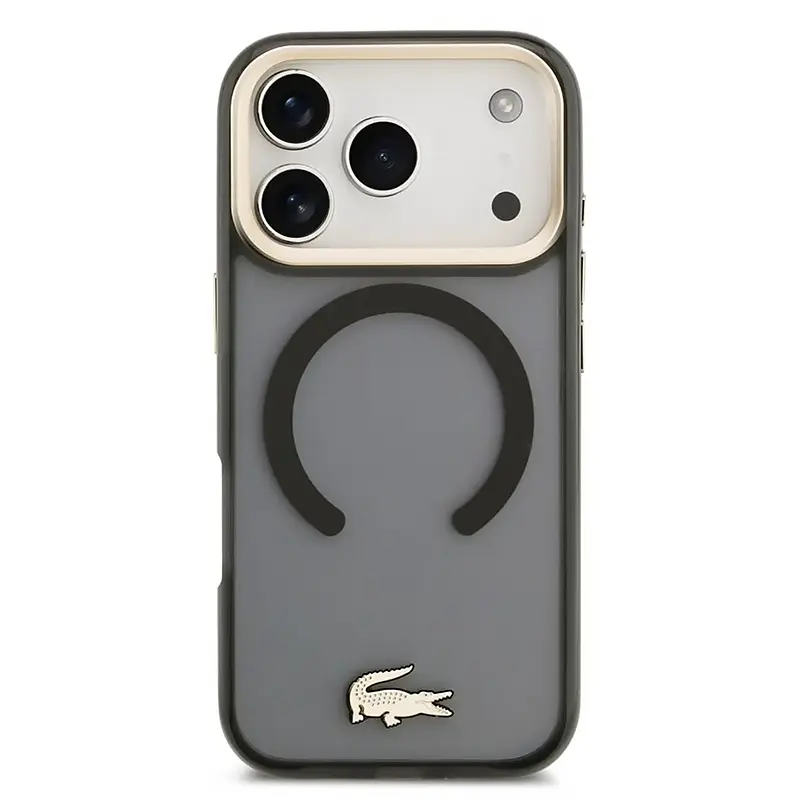 Coque MagSafe Lacoste noire iPhone 17 Pro Max, contour doré et logo crocodile en métal