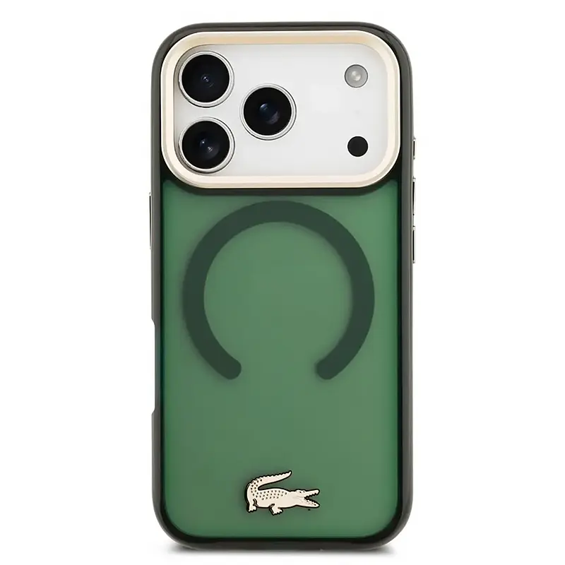 Coque MagSafe Lacoste verte iPhone 17 Pro Max, contour doré et logo crocodile en métal