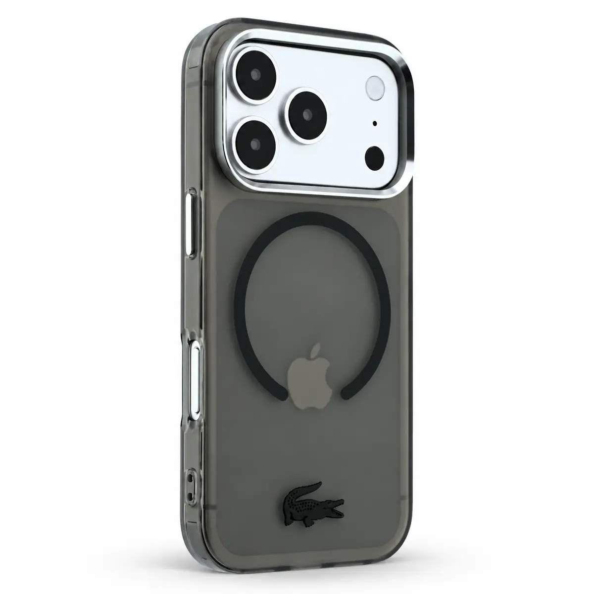 Coque Lacoste IML Frosted noire pour iPhone 18/17 Pro - vue trois-quarts
