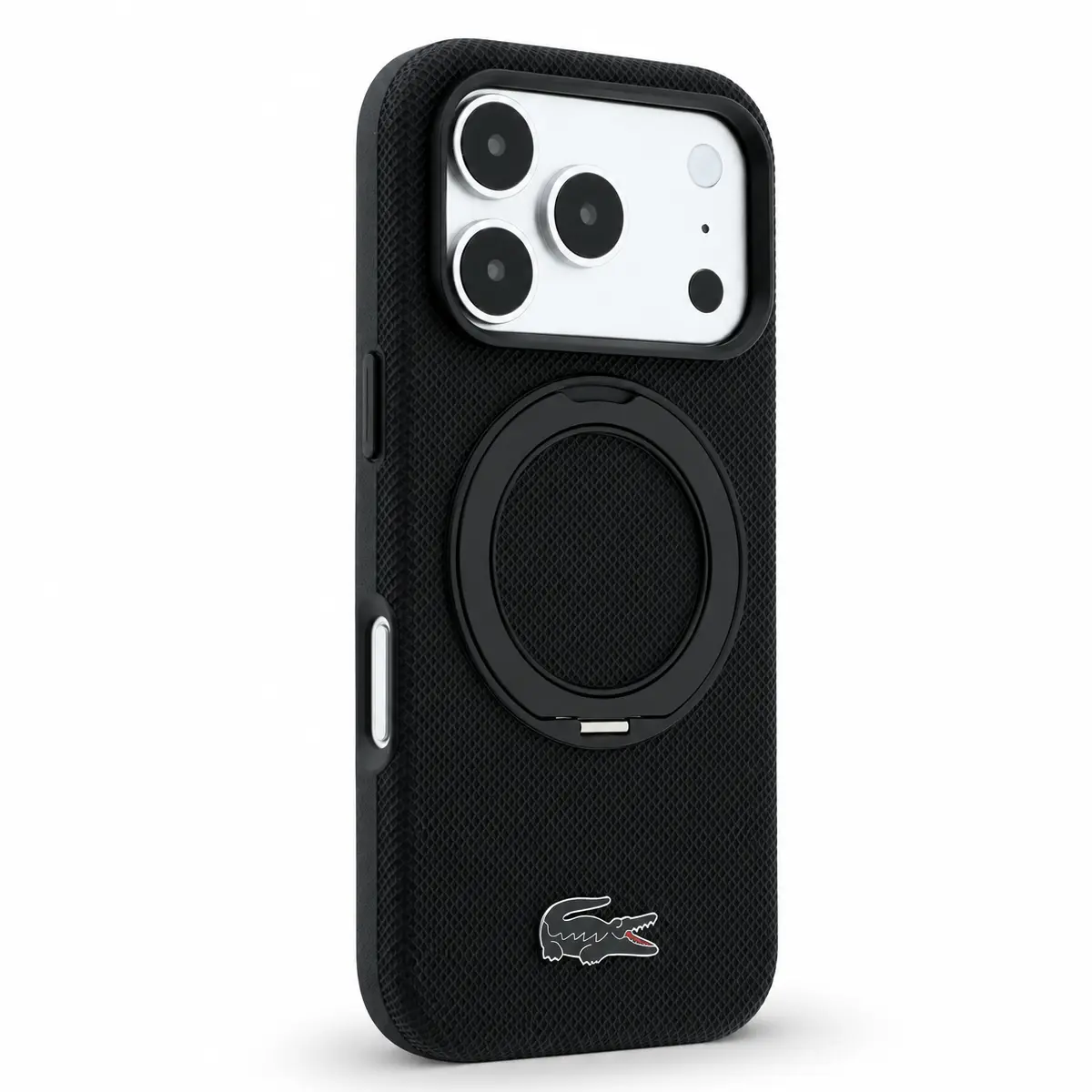 Vue arrière de face de la coque LACOSTE Petit Piqué noire pour iPhone 18/17 Pro
