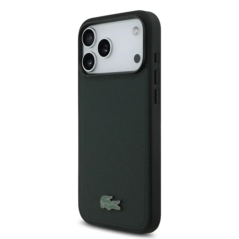 Coque MagSafe iPhone 17 Pro Max Lacoste petit piqué vert foncé vue de profil droit