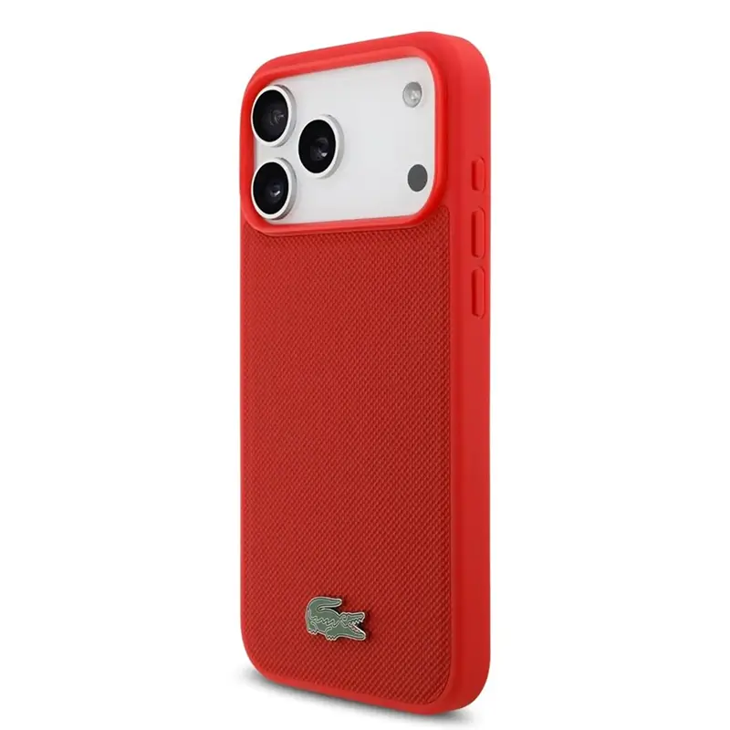 Coque MagSafe iPhone 17 Pro Max Lacoste petit piqué rouge vue de profil droit
