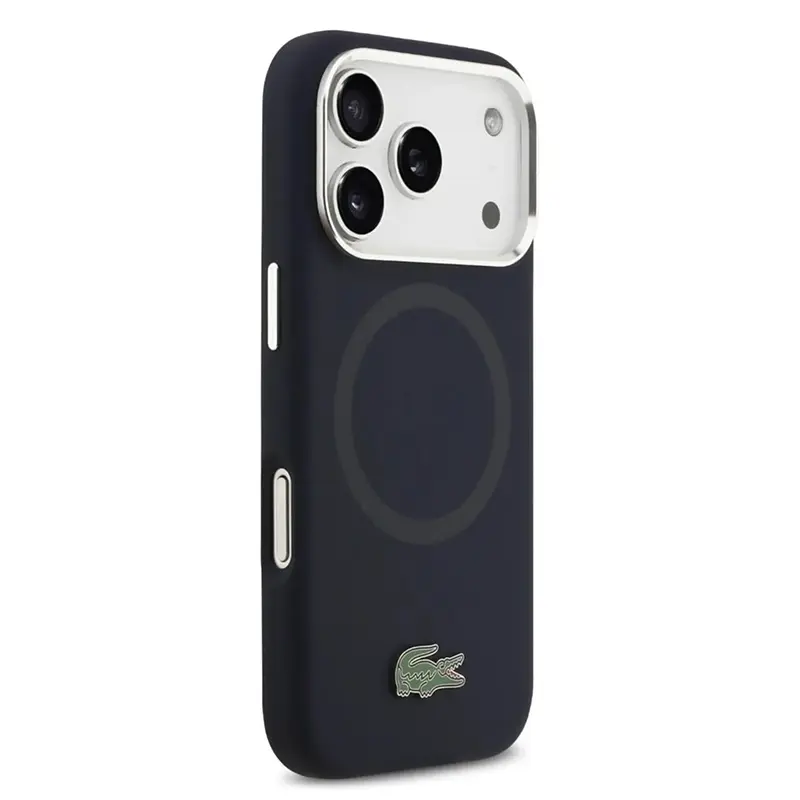 Coque Lacoste bleue marine MagSafe pour iPhone 17 Pro, vue du côté droit