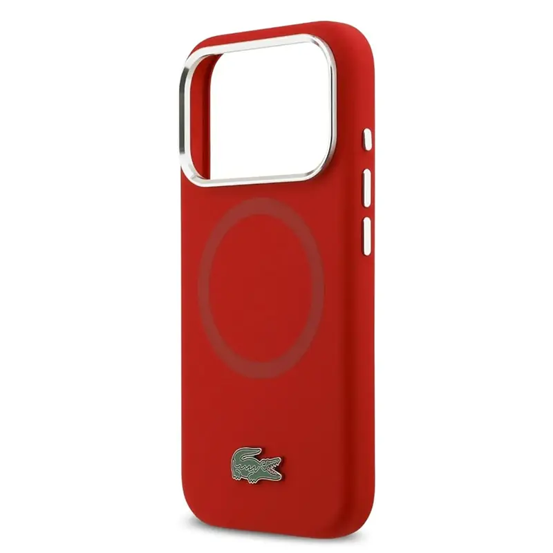Coque MagSafe Lacoste en silicone rouge pour iPhone 17 Pro, vue sans smartphone