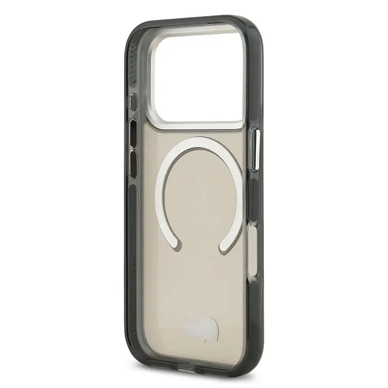 Coque MagSafe Lacoste pour iPhone 17 Pro Max, vide, translucide grise vue côté boutons