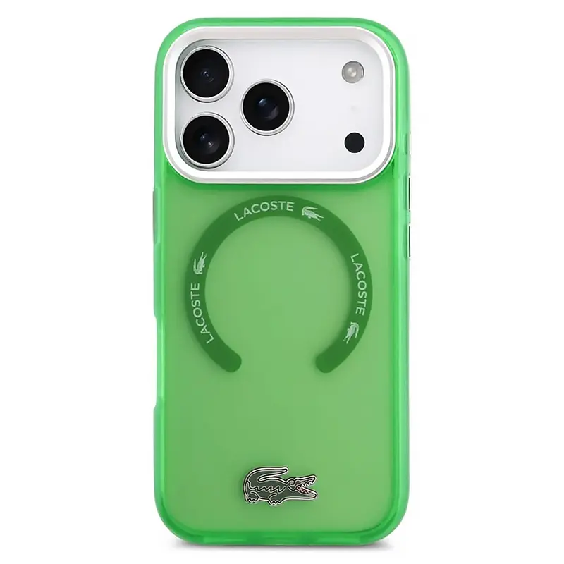 Coque Lacoste MagSafe pour iPhone 17 Pro Max avec dos vert translucide, cadre vert, logo crocodile