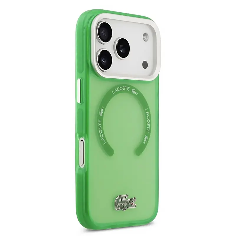 Coque Lacoste MagSafe pour iPhone 17 Pro Max, vert translucide vu du côté droit