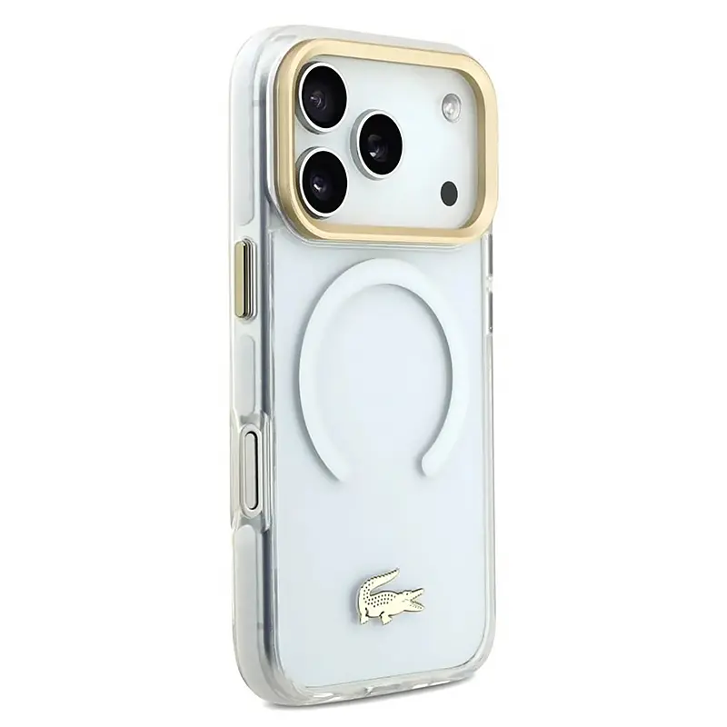 Coque MagSafe Lacoste transparente iPhone 17 Pro vue de profil droit