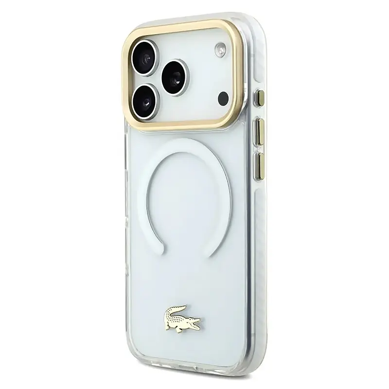 Coque MagSafe Lacoste transparente iPhone 17 Pro vue de profil gauche