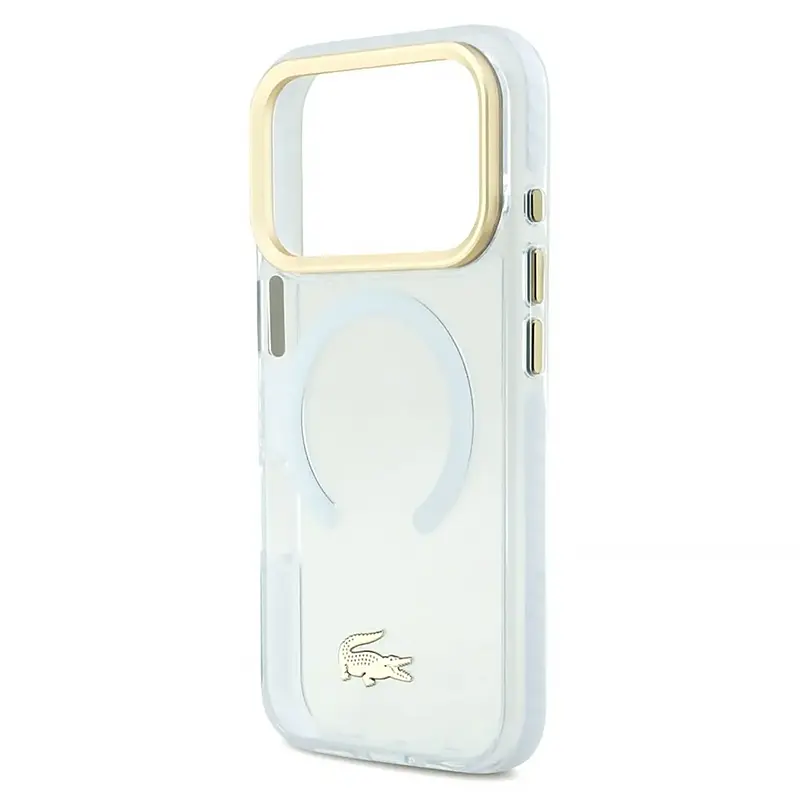 Coque MagSafe Lacoste Transparente iPhone 17 Pro, contour doré et logo crocodile en métal