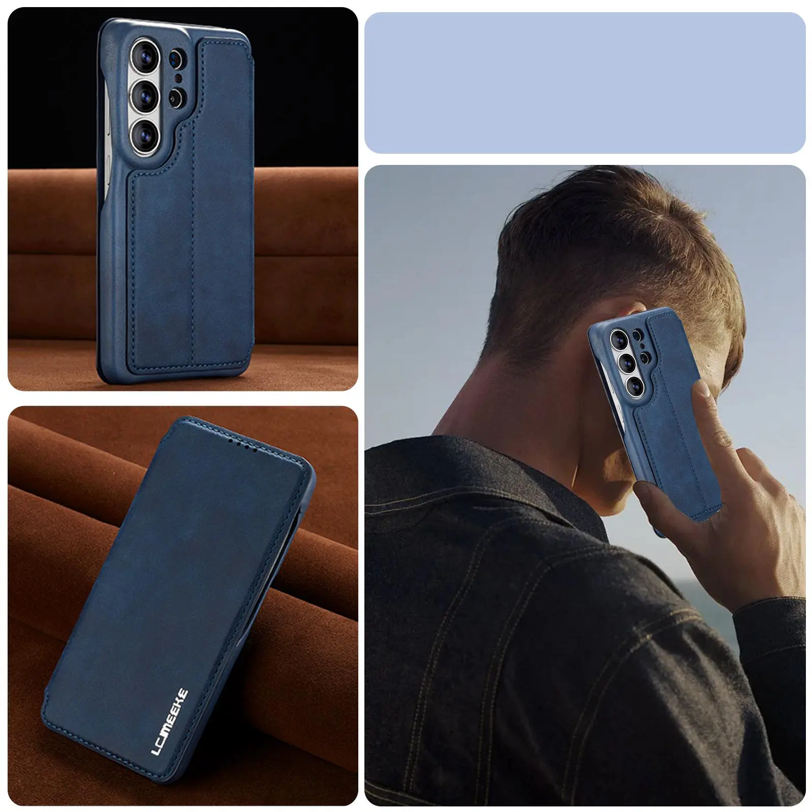 Étui Portefeuille LC.IMEEKE Hon Ancient Bleu en cuir effet daim pour Galaxy S26 Ultra