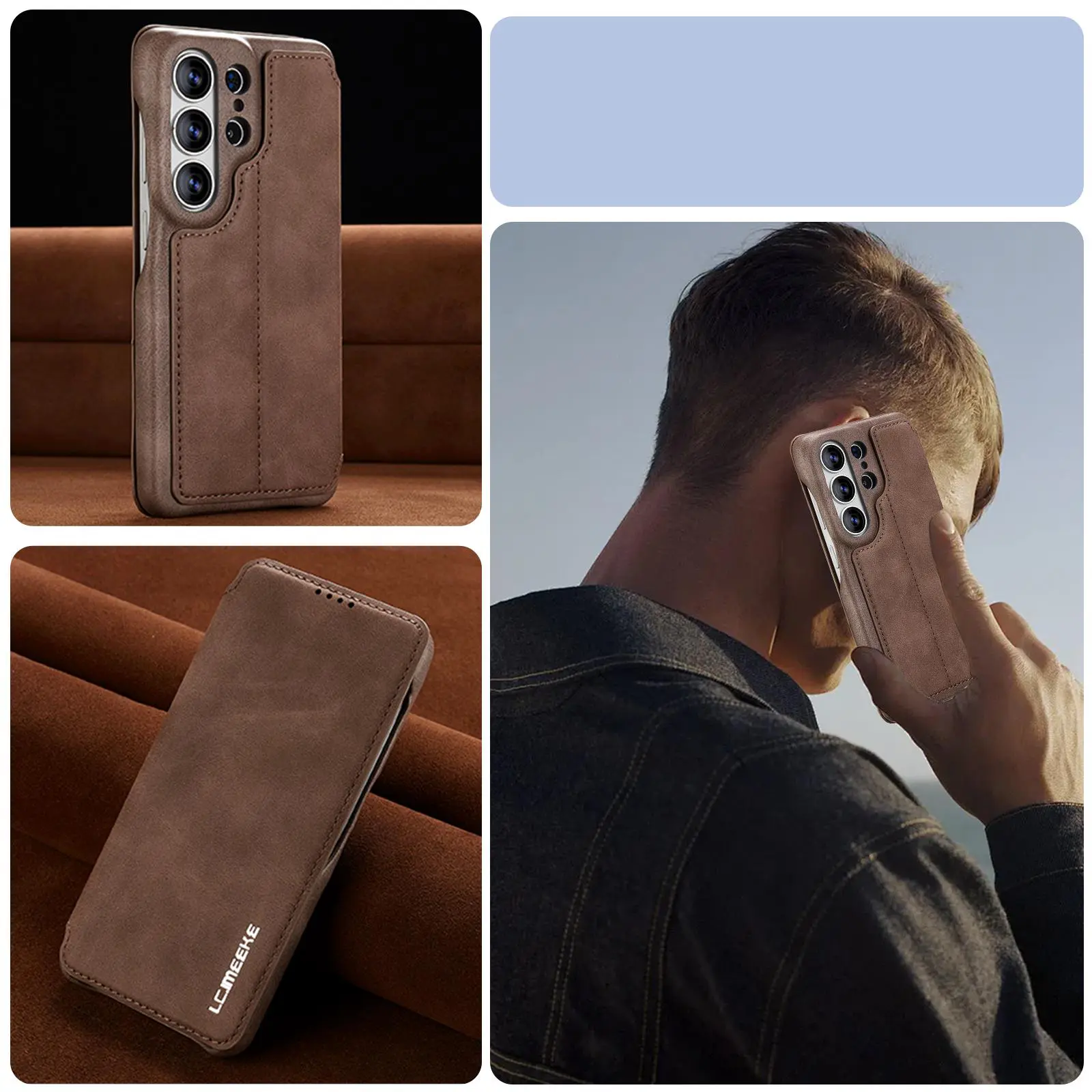 Étui Portefeuille LC.IMEEKE Hon Ancient Marron en cuir effet daim pour Galaxy S26 Ultra