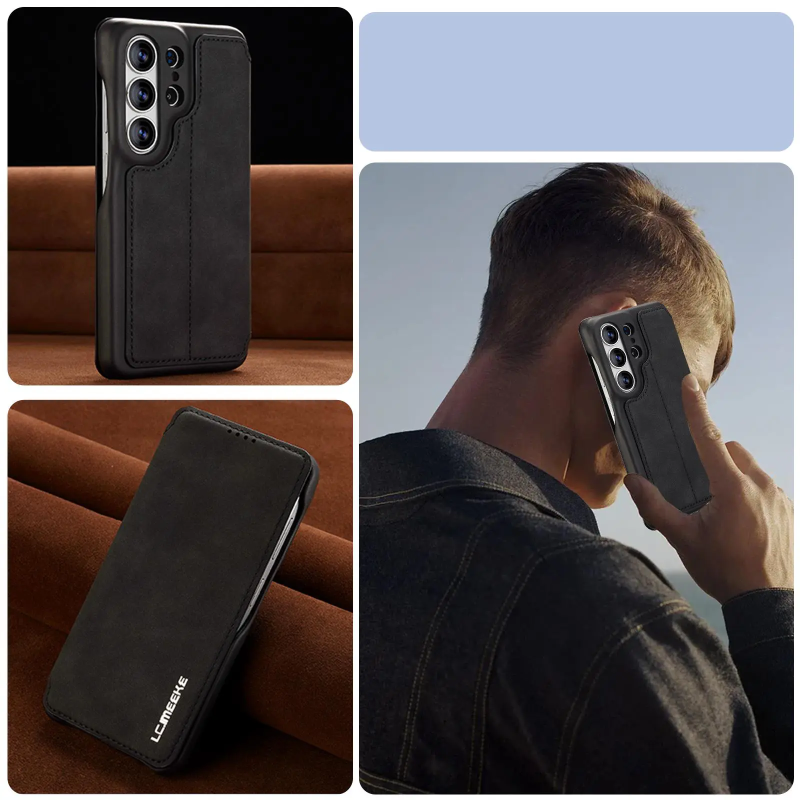 Étui Portefeuille LC.IMEEKE Hon Ancient Noir en cuir effet daim pour Galaxy S26 Ultra
