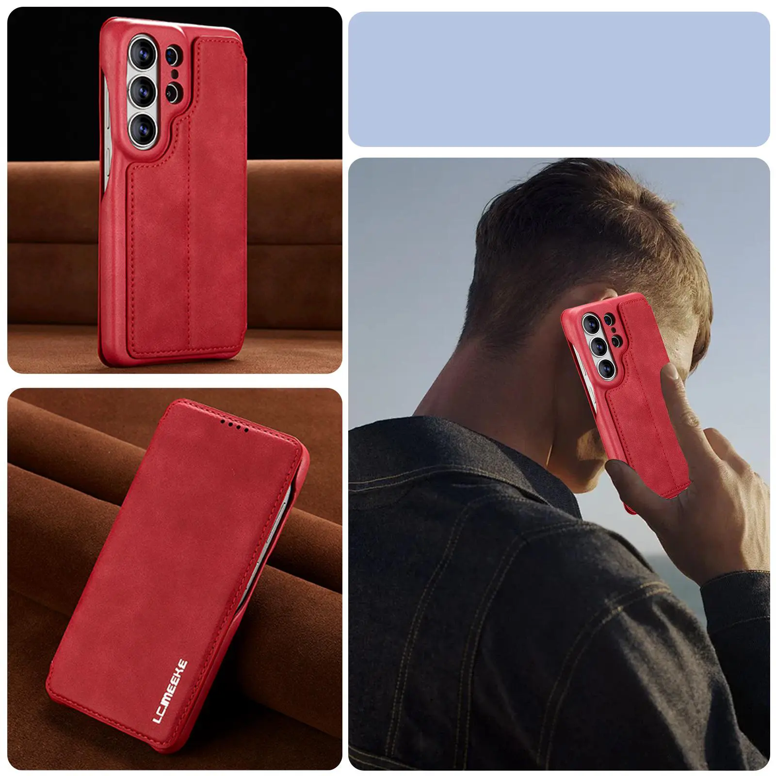 Étui Portefeuille LC.IMEEKE Hon Ancient Rouge en cuir effet daim pour Galaxy S26 Ultra