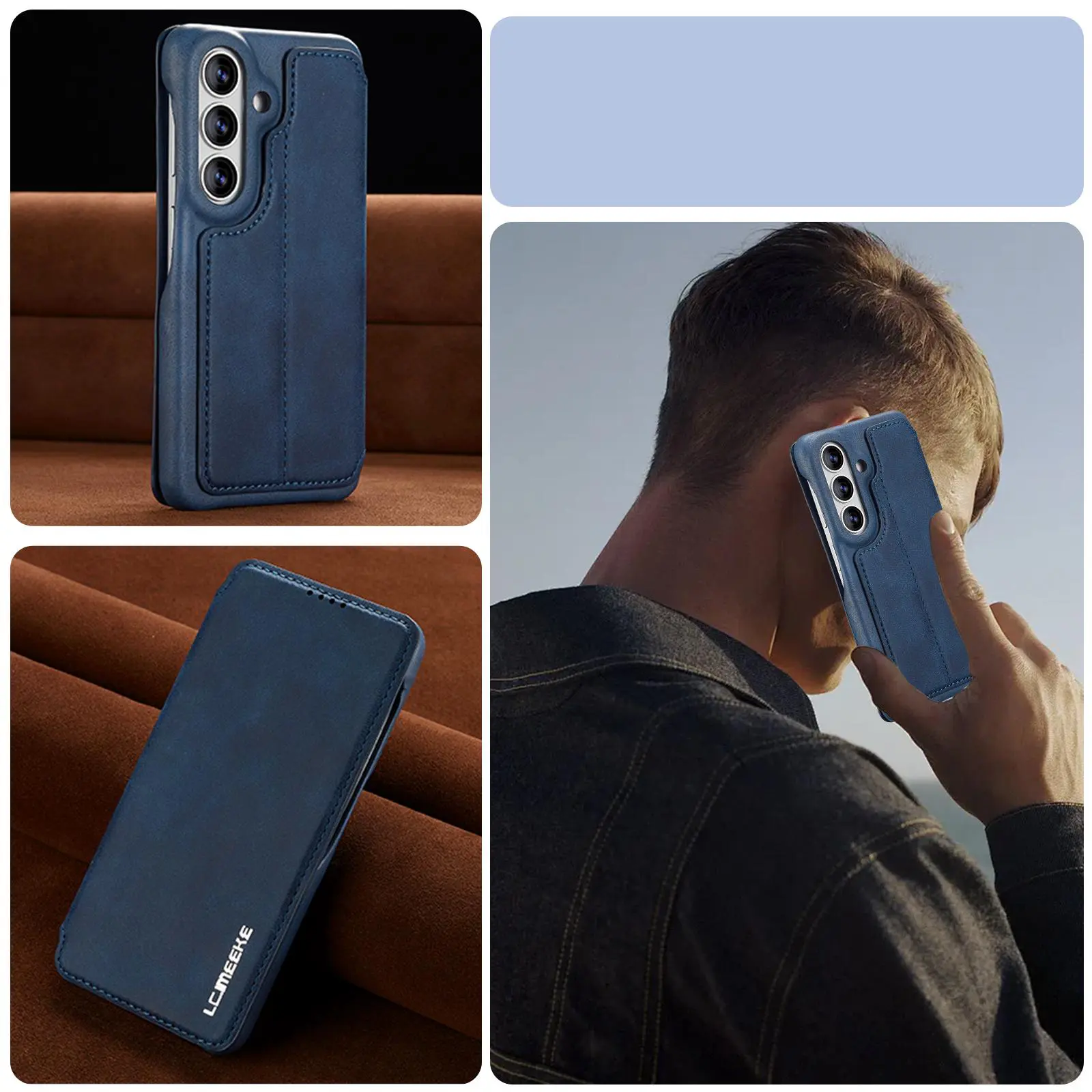 Étui Portefeuille LC.IMEEKE Hon Ancient Bleu en cuir effet daim pour Galaxy S26 Plus