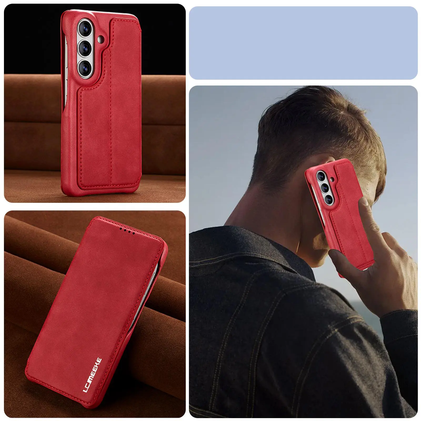 Étui Portefeuille LC.IMEEKE Hon Ancient Rouge en cuir effet daim pour Galaxy S26 Plus