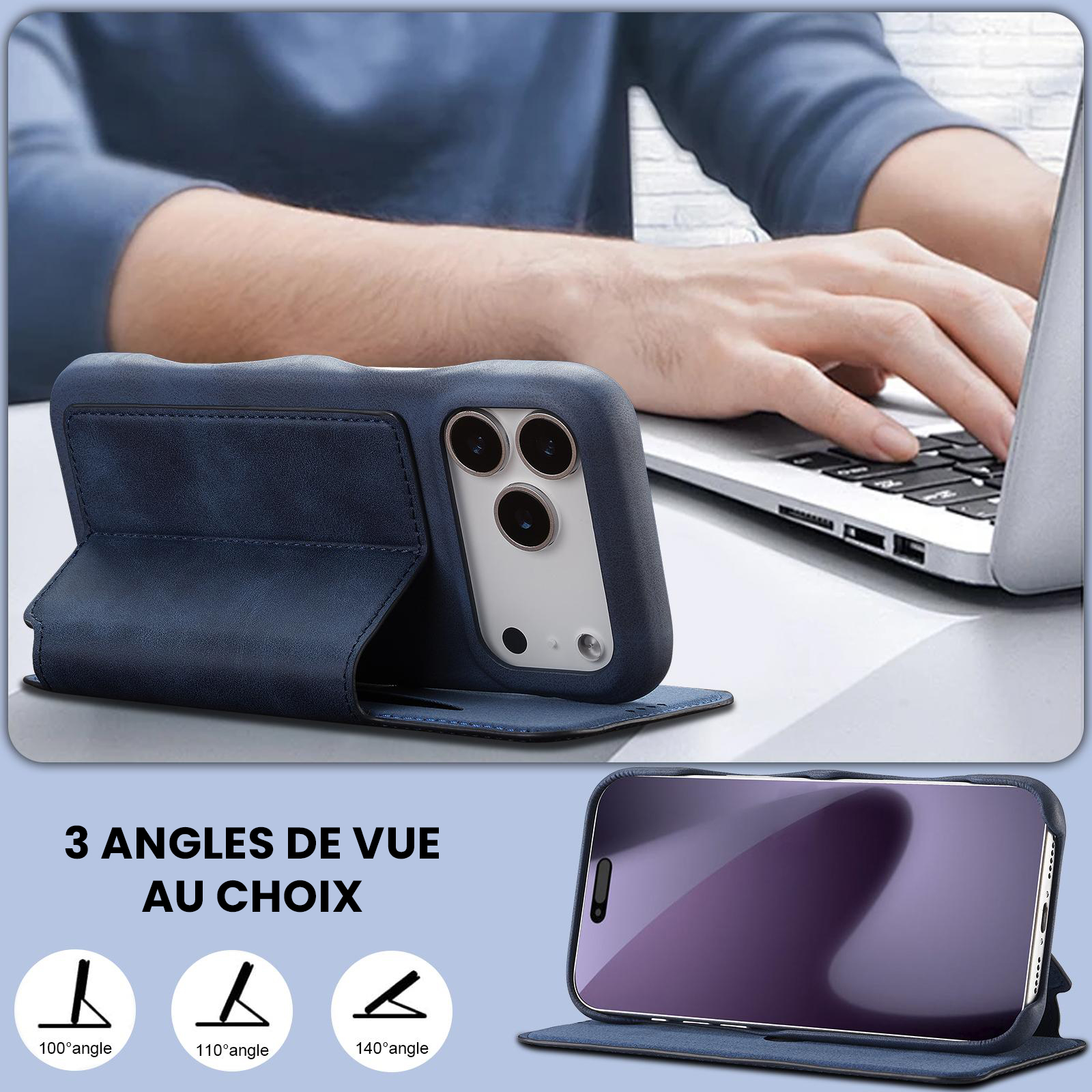 Fonction support chevalet ajustable de l'étui LC.IMEEKE Hon Ancient bleu pour iPhone 17 Pro Max