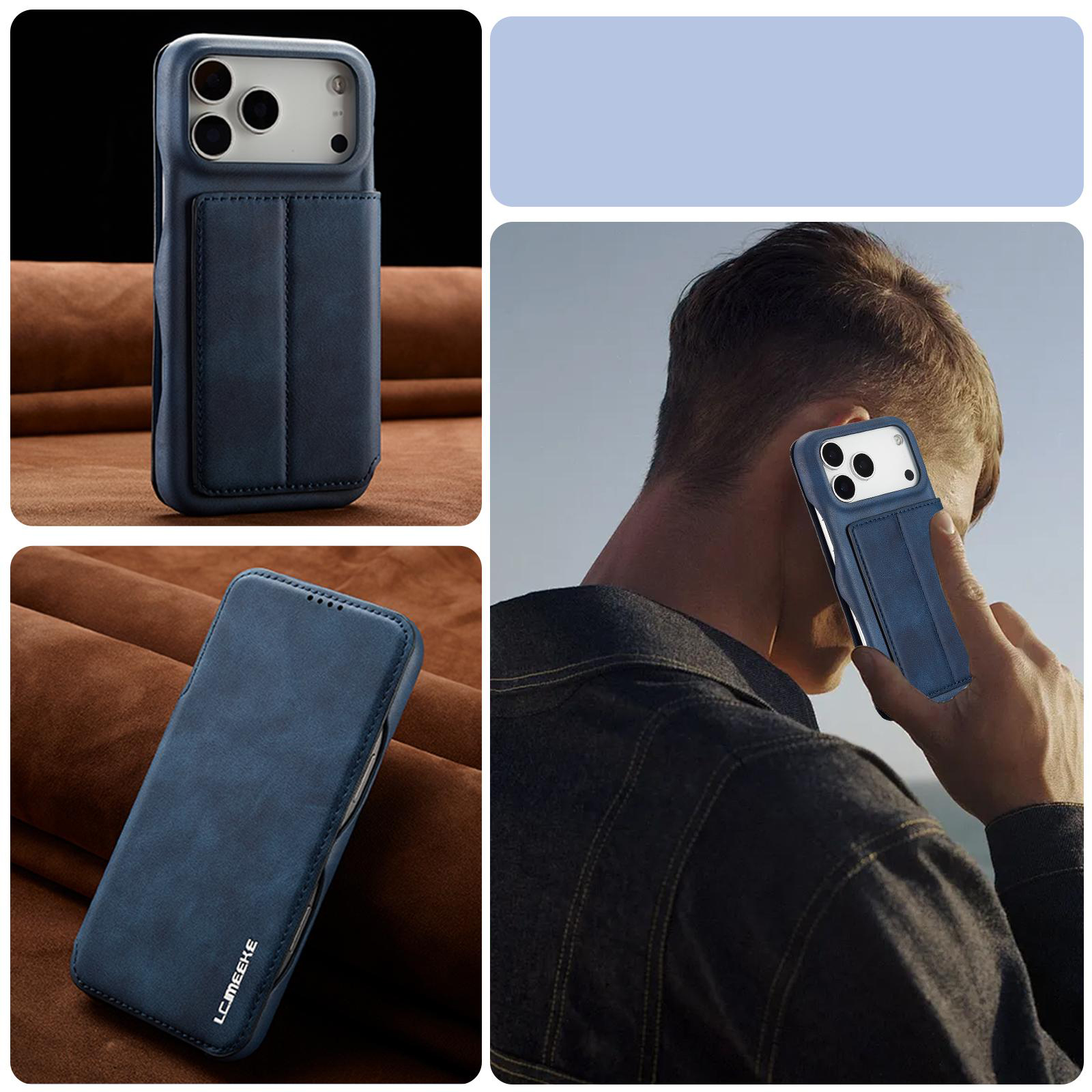 Étui Portefeuille LC.IMEEKE Hon Ancient Bleu en cuir effet daim pour iPhone 17 Pro Max