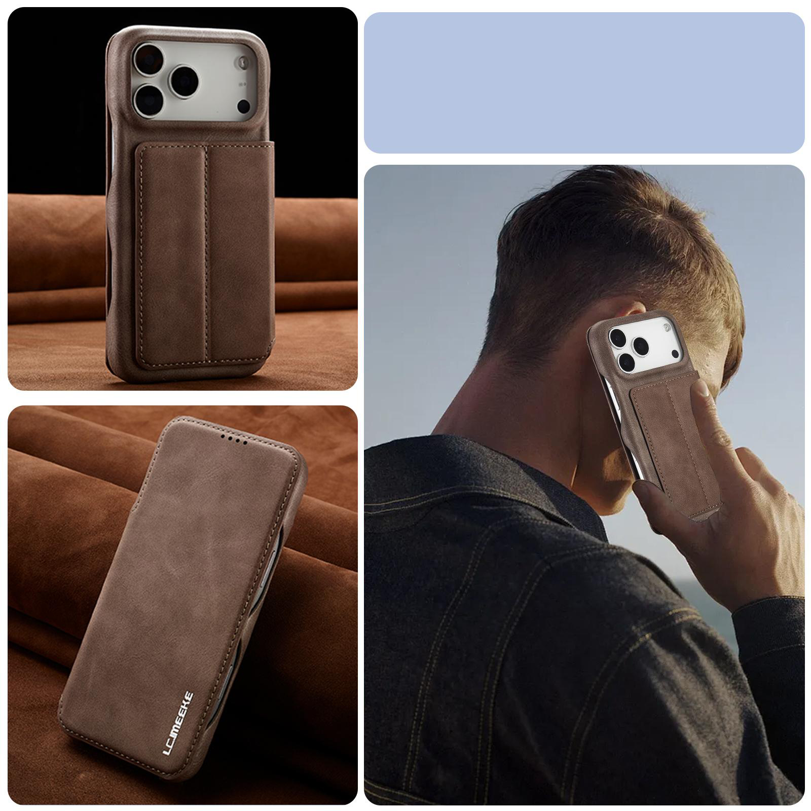 Étui Portefeuille LC.IMEEKE Hon Ancient Marron en cuir effet daim pour iPhone 17 Pro Max