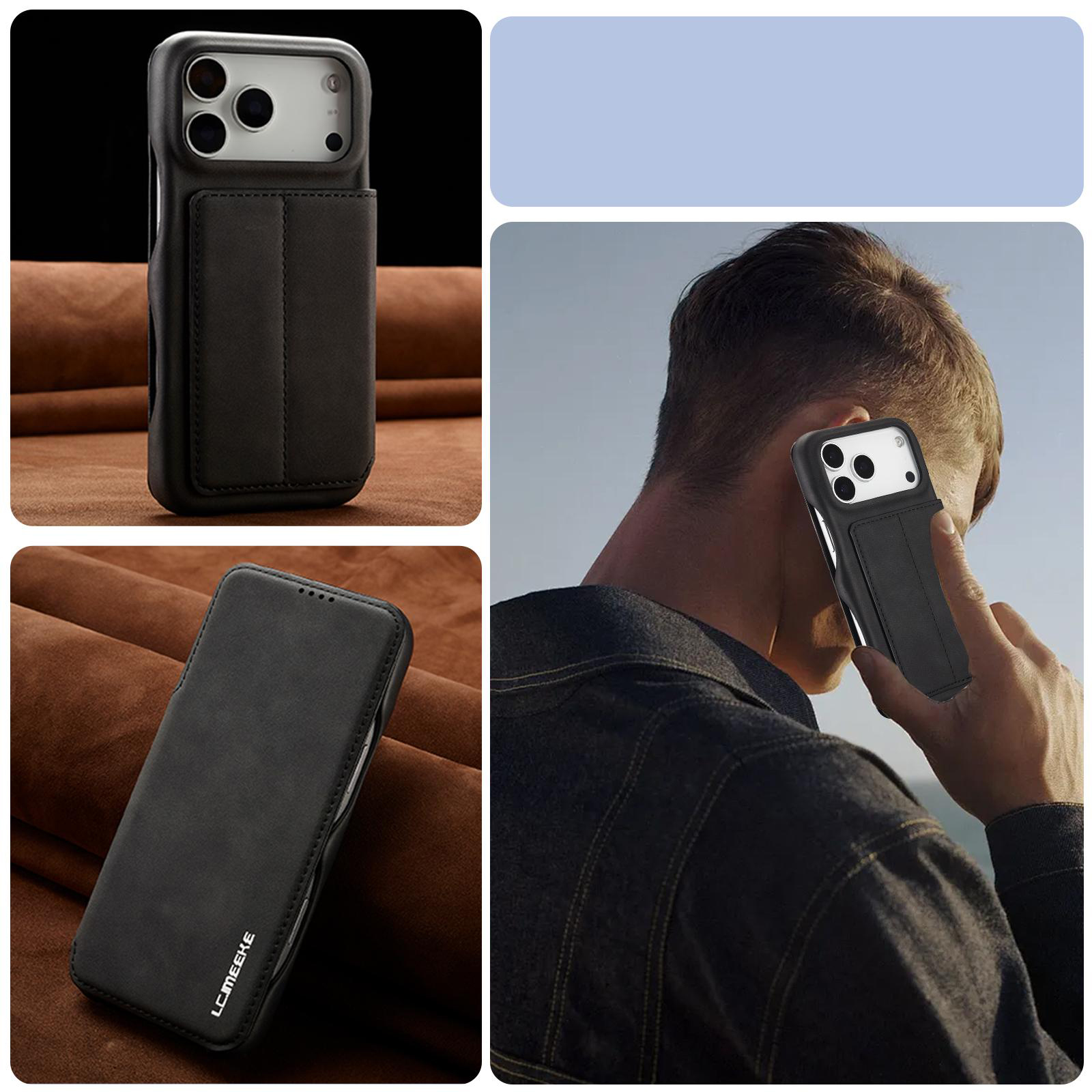 Étui Portefeuille LC.IMEEKE Hon Ancient Noir en cuir effet daim pour iPhone 17 Pro Max