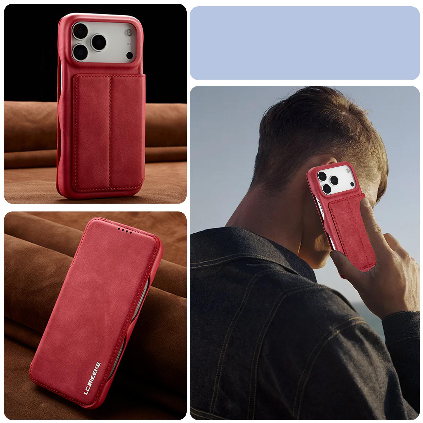 Étui Portefeuille LC.IMEEKE Hon Ancient Rouge en cuir effet daim pour iPhone 17 Pro Max