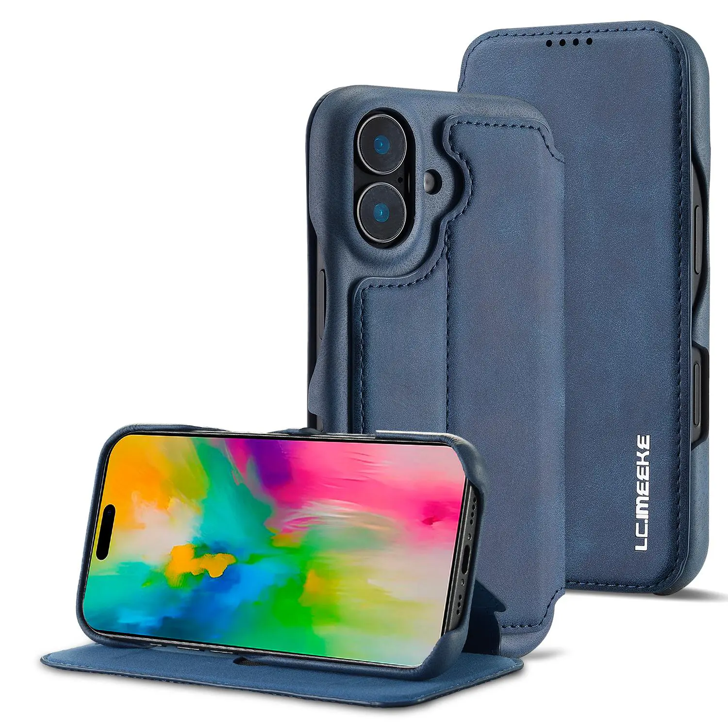 Étui Portefeuille LC.IMEEKE Hon Ancient Bleu en cuir effet daim pour iPhone 17