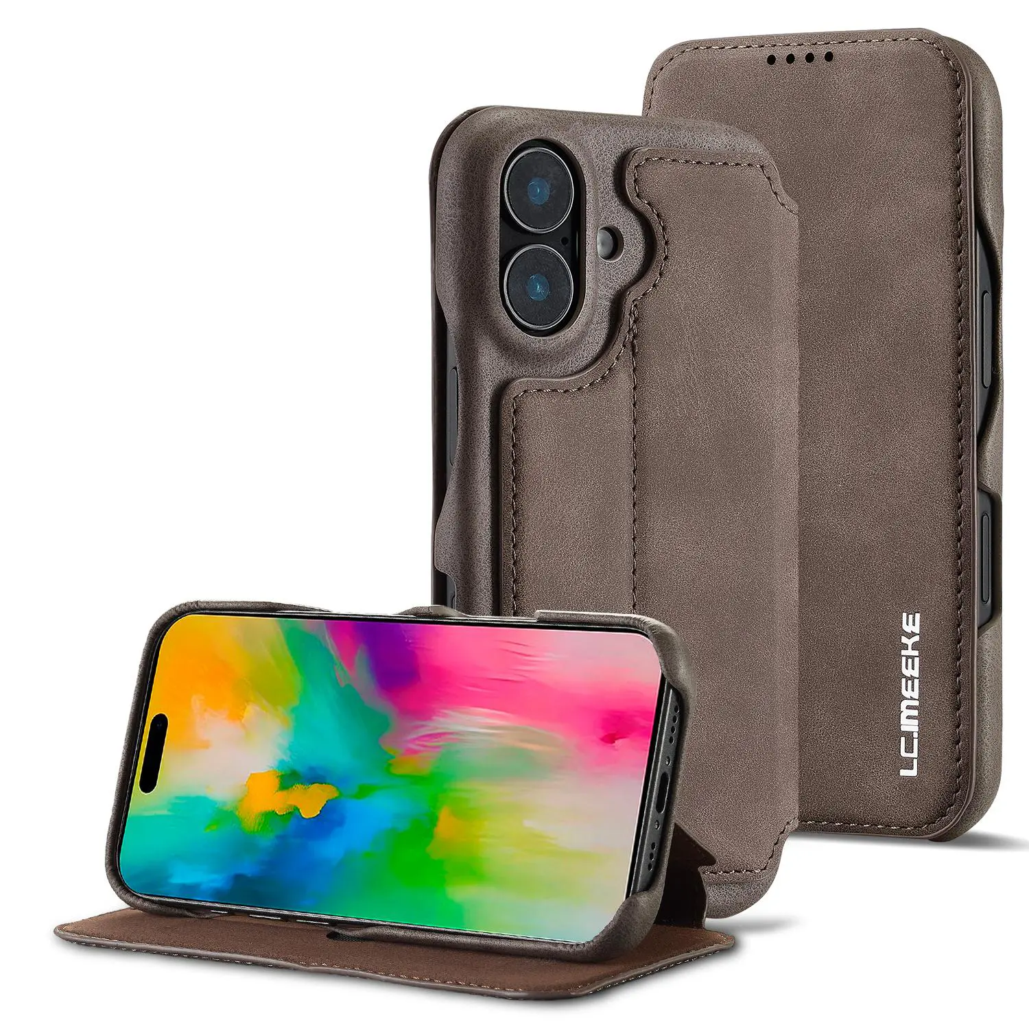 Étui Portefeuille LC.IMEEKE Hon Ancient Marron en cuir effet daim pour iPhone 17