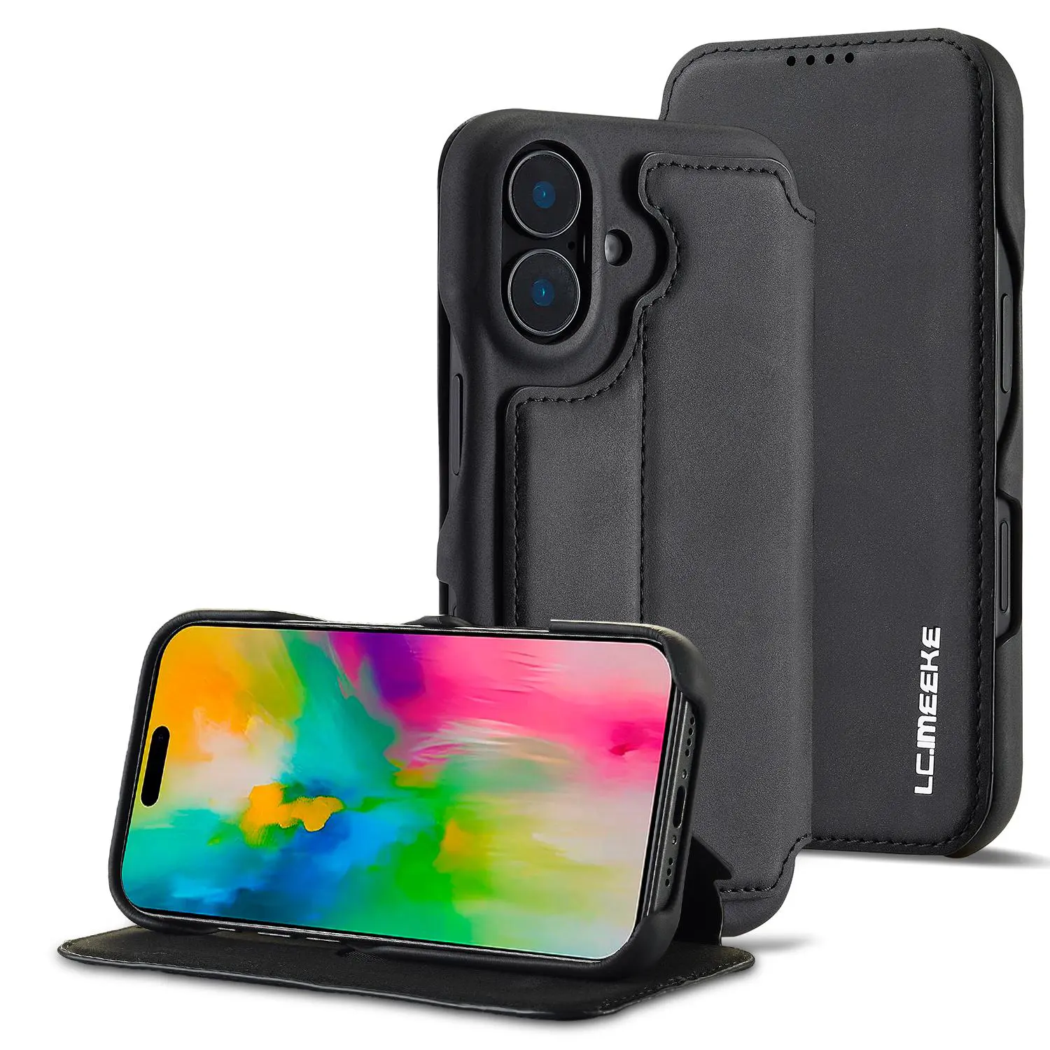 Étui Portefeuille LC.IMEEKE Hon Ancient Noir en cuir effet daim pour iPhone 17
