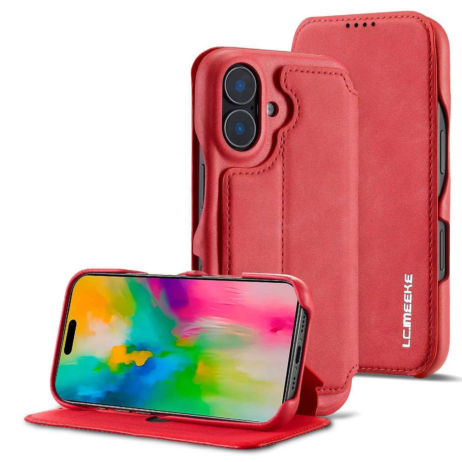 Étui Portefeuille LC.IMEEKE Hon Ancient Rouge en cuir effet daim pour iPhone 17