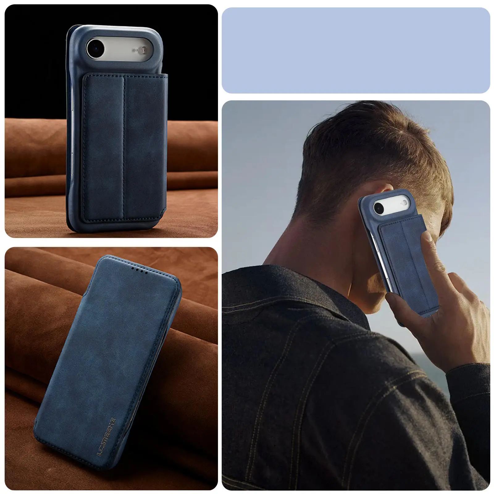 Étui Portefeuille LC.IMEEKE Hon Ancient Bleu en cuir effet daim pour iPhone Air