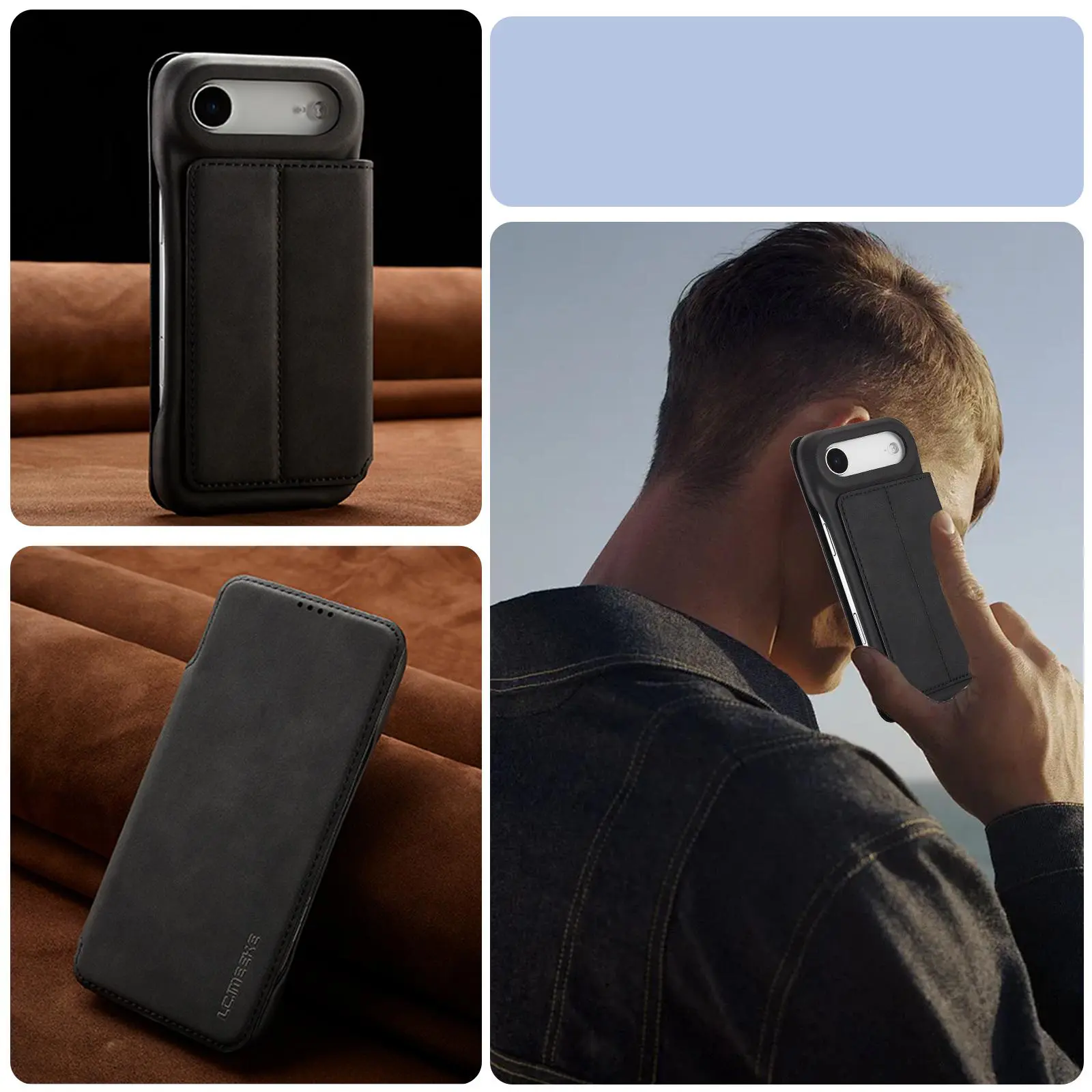 Étui Portefeuille LC.IMEEKE Hon Ancient Noir en cuir effet daim pour iPhone Air