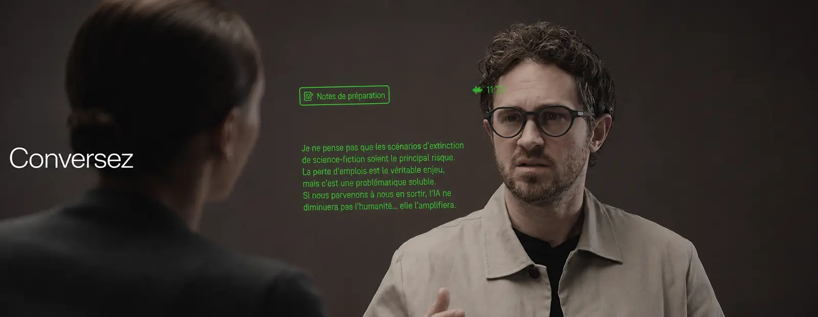 Fonction Conversate des lunettes connectées Even Realities G2 avec informations affichées dans le champ de vision
