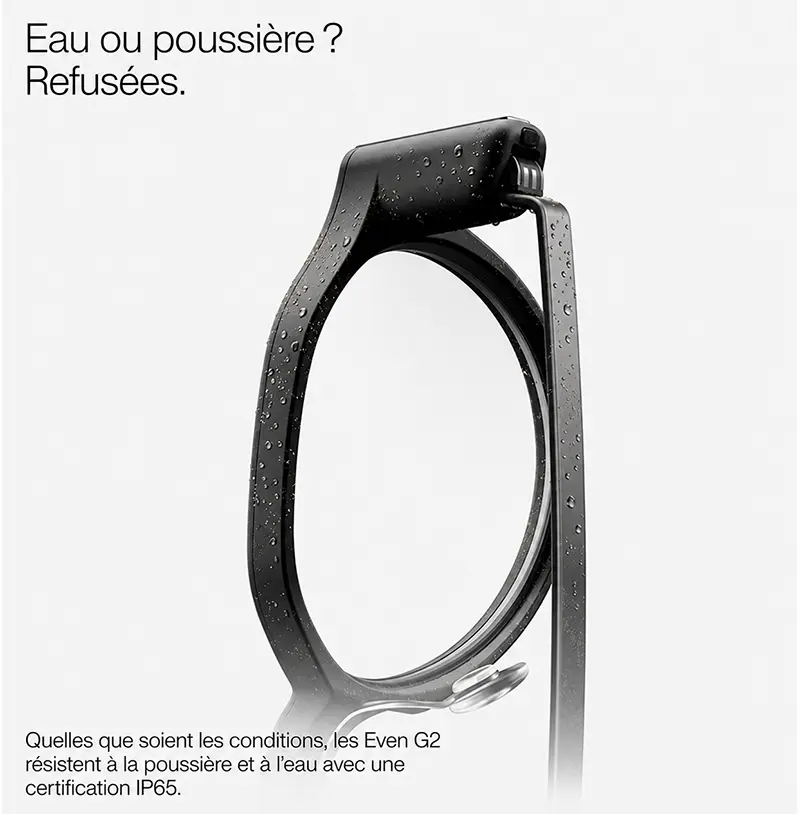 Monture des lunettes connectées Even Realities G2 résistante à l'eau et à la poussière avec certification IP65
