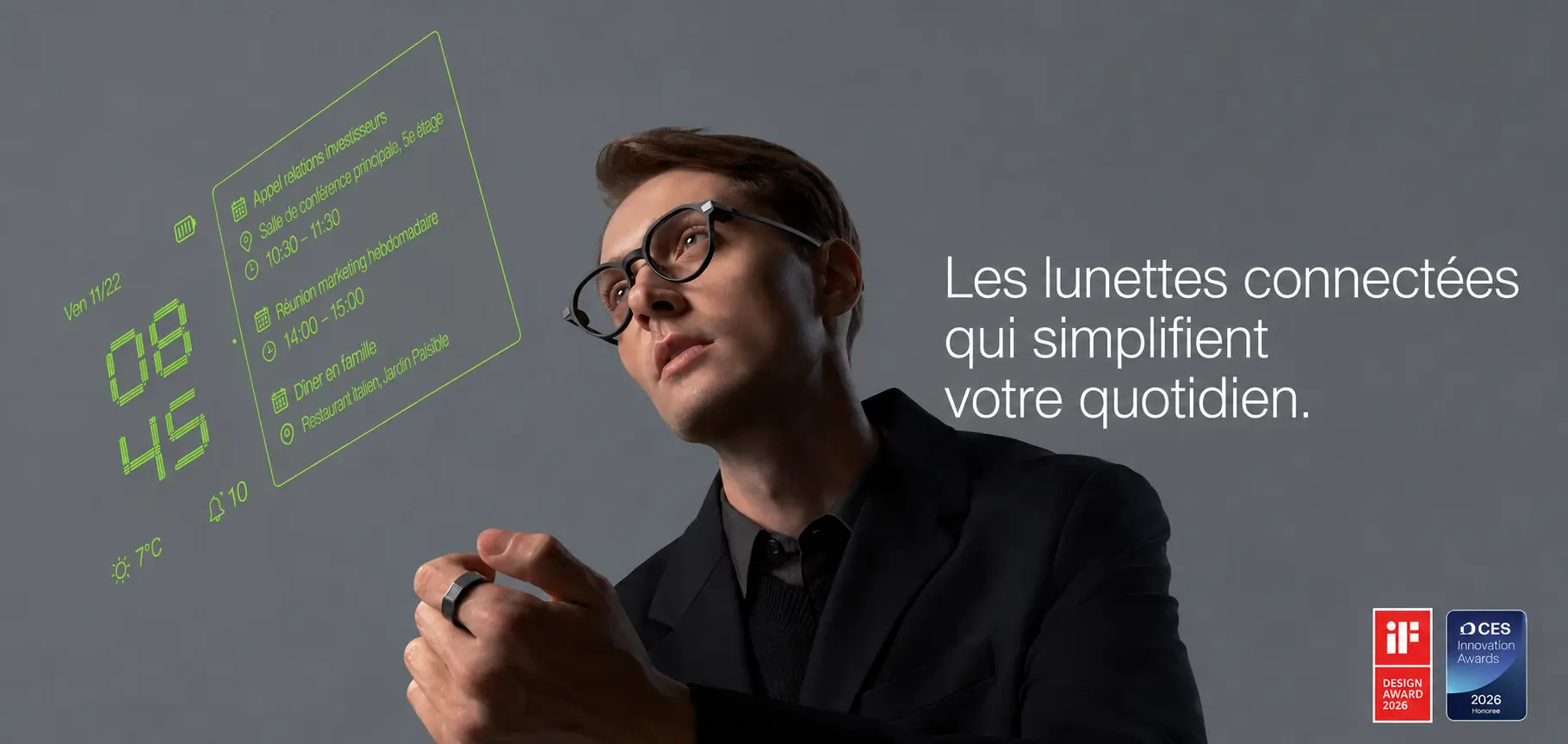 Lunettes connectées Even Realities G2 avec affichage intelligent tête haute et informations en temps réel