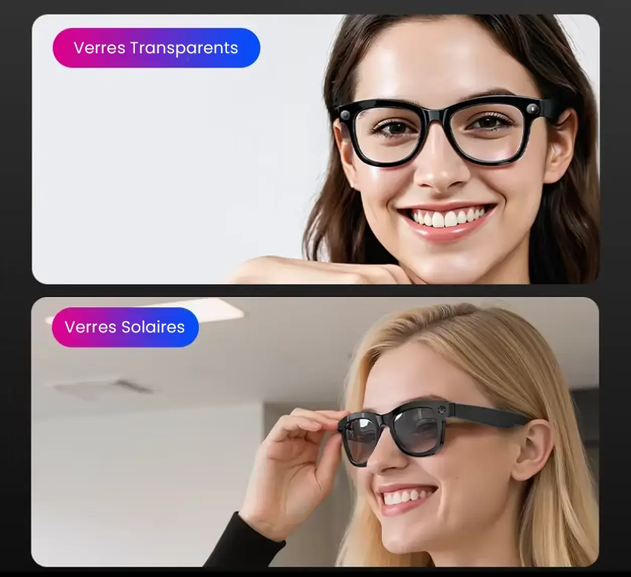 Lunettes connectées avec verres interchangeables solaires et transparents